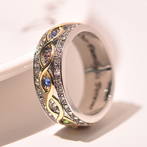 kaivy热卖新款黄金分色满钻双色戒指 欧美永远的家人彩宝婚庆指环