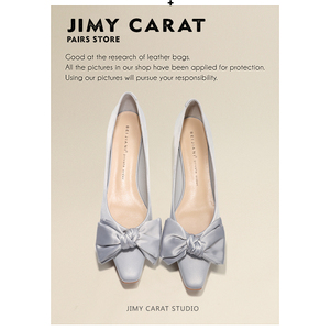 JIMY CARAT真皮浅灰色蝴蝶结小方头平底单鞋法式气质简约面试女鞋