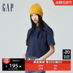Gap女装2024春夏新款logo简约宽松短袖连帽卫衣套头上衣874526