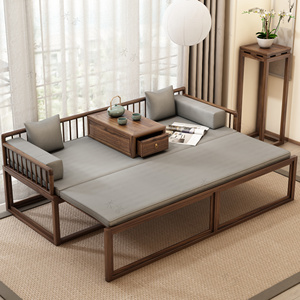 实木推拉罗汉床小户型沙发床两用客厅折叠新中式老榆木茶桌椅组合