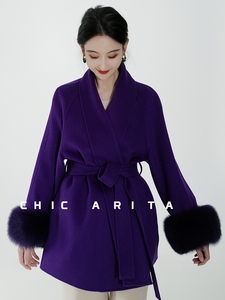 CHIC ARITA贵族紫20山羊绒狐狸毛领短款双面羊绒大衣女毛呢外套