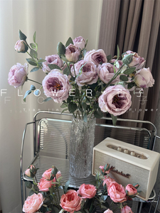 法式浪漫奥斯汀仿真花皱纹布4头大玫瑰花摄影道具花家居摆件软装