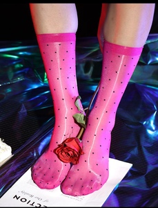 极光系列超薄油亮丝袜中筒子女带脚型高密丝滑性感圆波点脚尖透明