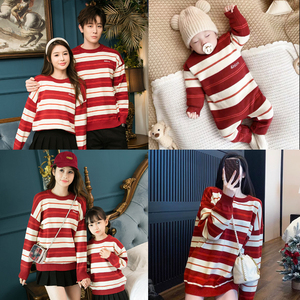 炸街亲子装红色毛衣一家三口过年婴儿全家装母女拜年服母子秋冬装