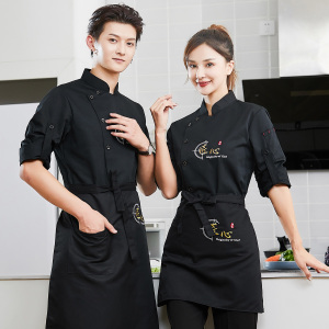 酒店厨师工作服男长袖中国风烧烤餐饮厨房黑色大码短袖厨师服定制