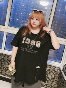 350斤设计感开叉短袖T恤亮片纹理感显瘦韩版hello胖妞特大码女装