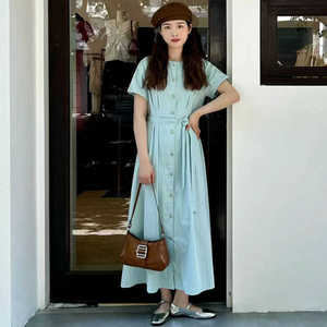 薄荷蓝短袖中长衬衫连衣裙女装夏季新款韩风chic气质收腰显瘦长裙