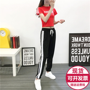 春季新款时尚套装爵士舞服装女紧身街舞服韩版短袖上衣嘻哈两件套