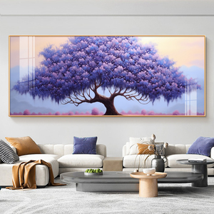 现代简约客厅装饰画紫气东来发财树沙发背景墙新中式招财横版挂画