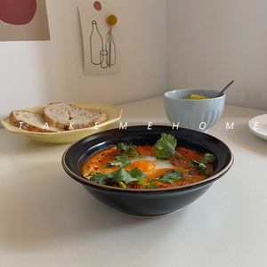 日式餐具套装定食意面盘子ins陶瓷沙拉碗家用深盘韩式黑色汤碗