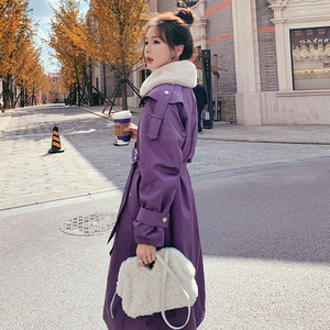 紫色派克棉服女2023新款秋冬季加绒风衣厚外套韩系中长款羽绒棉衣