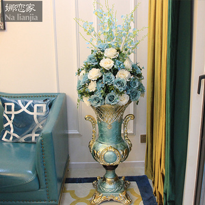 蓝色客厅落地大花瓶花艺套装高仿真花玄关干花插花家居装饰品摆件