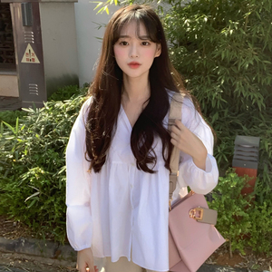 初春季韩版灯笼袖甜美宽松长袖衬衫仙女设计感上衣学生春秋娃娃衫