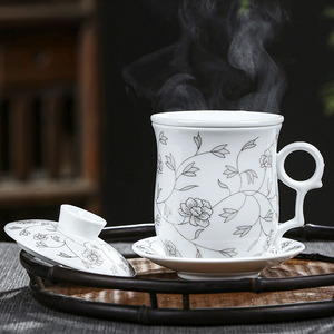 景德镇过滤杯茶水分离杯泡茶陶瓷办公室中式茶杯带把手盖水杯家用