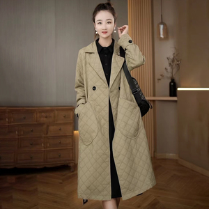 A-23007秋冬时尚外套女韩版小众设计感菱形格中长款宽松大衣