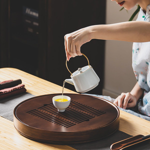 茶盘家用简易小茶海排储水式竹制茶座圆形茶托茶台干泡台茶具托盘