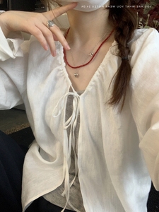 韩版白色棉麻衬衫女夏季领口抽绳设计感防晒开衫亚麻外套宽松上衣