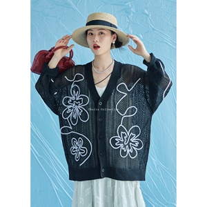 日系 男女同款 设计感重工刺绣 镂空网格针织开衫防晒衫
