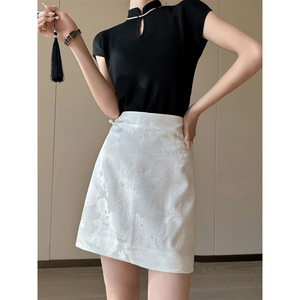 PINKEEN白色提花高腰半身裙女夏季2024新中式国风a字时尚气质短裙