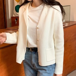[直发]韩国代购-HOU 3886-女春针织短外套西装领金色纽扣简约气质