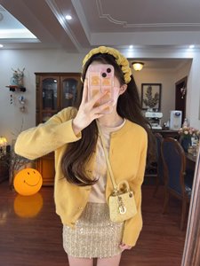 新中式国风黄色针织开衫外套女2024春季新款短款毛衣长袖百搭上衣