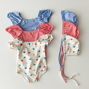 夏季女宝宝泡泡袖洋气韩版泳衣婴儿可爱短袖连体包屁泳衣防水泳帽