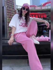 女神范休闲运动套装女2024夏季新款纯棉短袖粉色裤子两件套度假潮