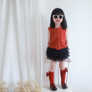 女童复古砖红色镂空针织背心马甲tutu裙薄款夏季套装周岁生日礼服