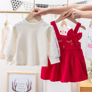 春季韩版婴幼童女童真两件连衣裙套装纯色可爱蝴蝶结长袖裙童装