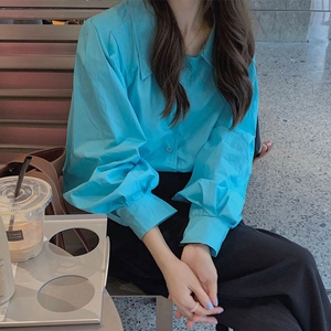 韩国chic衬衫女设计感小众春季2024新款女宽松显瘦bf风湖蓝色衬衣