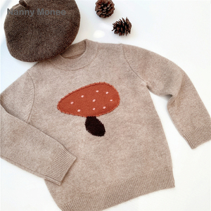 NannyMonee儿童100%羊绒衫男女童蘑菇圆领山羊绒宝宝针织打底衫厚