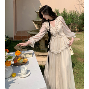 棠公子 宫廷风法式白色连衣裙高级感小众荷叶边收腰垂感仙女长裙