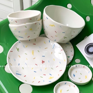 可爱手绘彩色糖针陶瓷餐具套装马克杯咖啡杯米饭碗味碟汤面碗盘子
