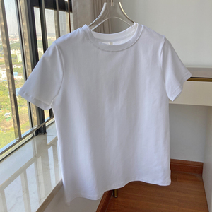 白色正肩短袖打底t恤女士显瘦2023新款夏季纯色棉质圆领体恤上衣