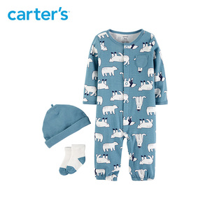 Carters宝宝婴儿长袖连体衣帽子袜子秋套装男女童3件套126H751