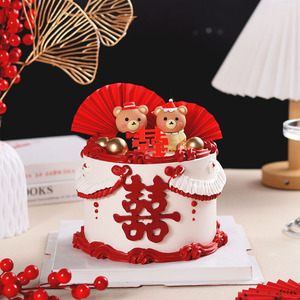 网红情侣一周年纪念日蛋糕装饰婚纱小熊摆件订婚结婚告白装扮插件