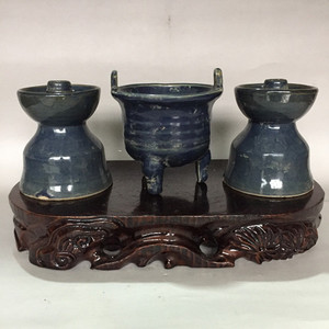 古玩古董古瓷器收藏品老旧货 出土明代祭蓝釉香炉蜡烛台一套