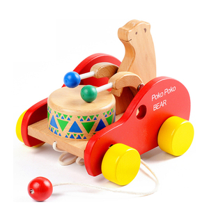 儿童小熊敲鼓拖拉车学步木质手拉线拉着走的宝宝拉绳玩具车幼1岁