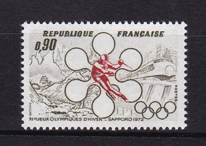 法国 1972 第11届札幌冬季奥运会会徽与滑雪运动员邮票    1全