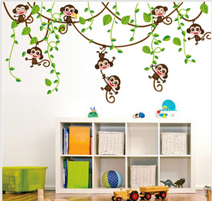 卡通猴子绿叶藤蔓墙贴纸儿童房教室幼儿园客厅卧室屋顶装饰可移除
