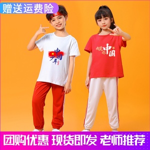 中国少年儿童表演服装短袖长裤套装小学生幼儿园运动会爱国演出服