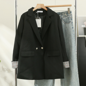 黑色西装外套女小个子2024秋季新款韩版拼接格子宽松休闲西服上衣