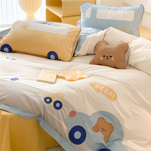 高端卡通风小汽车100支全棉四件套纯棉刺绣可爱儿童床单床上用品