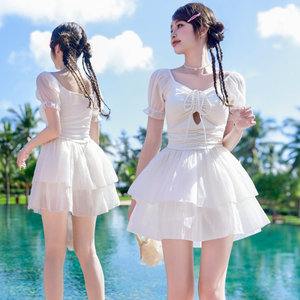 新款纯色短袖仙女范儿蛋糕裙可爱学生保守夏季显瘦温泉度假游泳装