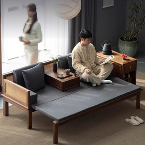 新中式北美黑胡桃木实木沙发现代推拉罗汉床三人客厅布艺家具禅意