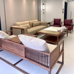 新中式北美黑胡桃木沙发组合简约禅意客厅办公实木轻奢家具定制