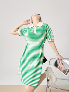 Feiry 绿色横条纹长款t恤女2024夏季新款polo领韩版短袖连衣裙潮