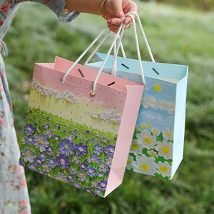 创意油画礼品袋文艺手提袋鞋盒精美男女生日花束包装送礼物纸袋子