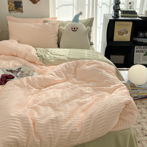 韩式泡泡纱水洗棉四件套简约纯色被套床单三件套学生宿舍床上用品