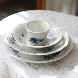 糯米瓷 日器 中古风玫瑰早餐盘子家用复古釉下彩古典菜碟磨砂陶瓷